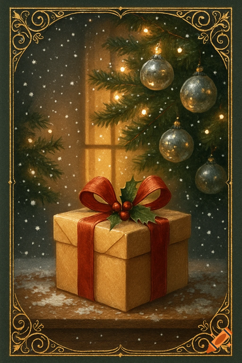 A gold Christmas gift with a red ribbon and holly sits by a window with a decorated tree and falling snow.