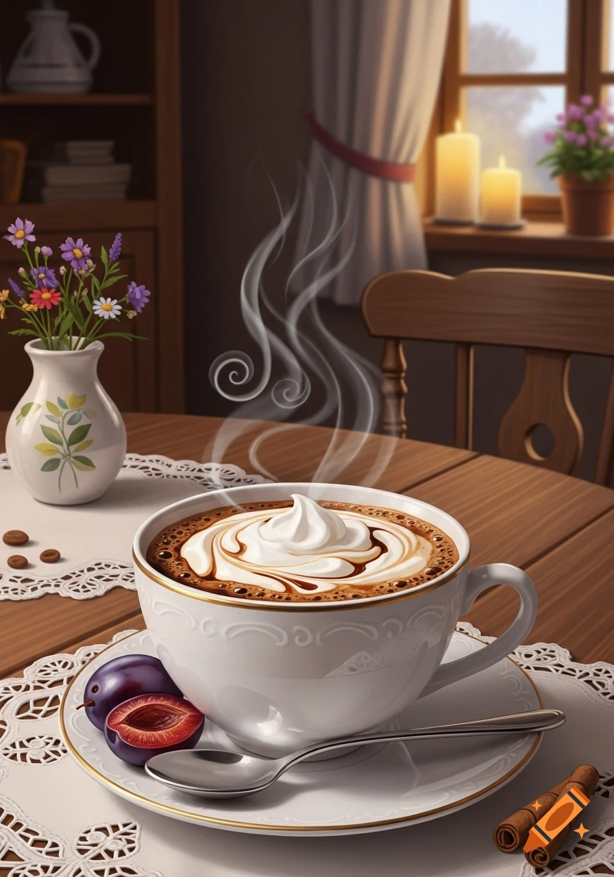 Steaming coffee with whipped cream and latte art on a lace doily, next to plums and cinnamon sticks in a cozy room.