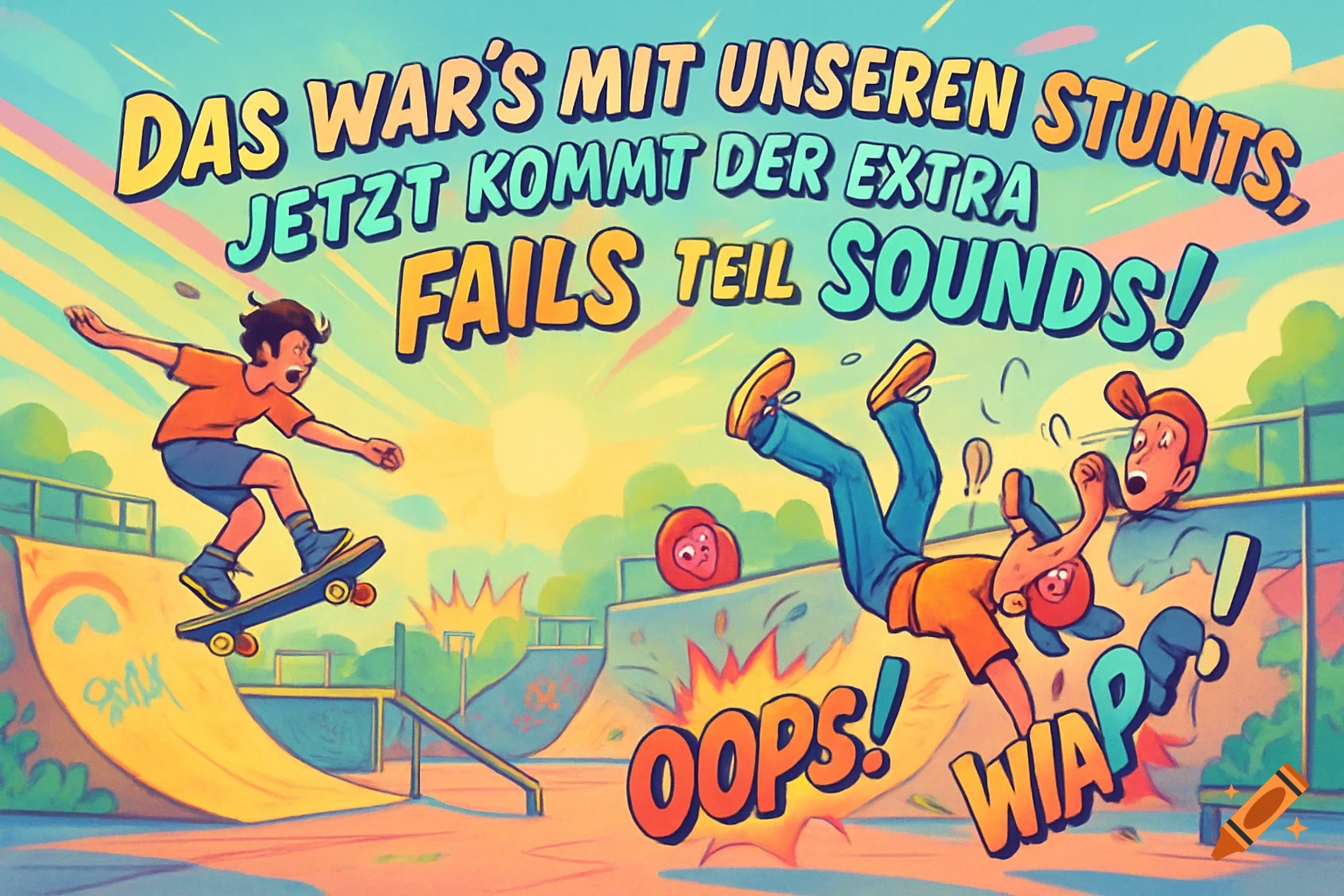 A colorful cartoon shows one boy skateboarding and another falling in a skate park, with German text above.