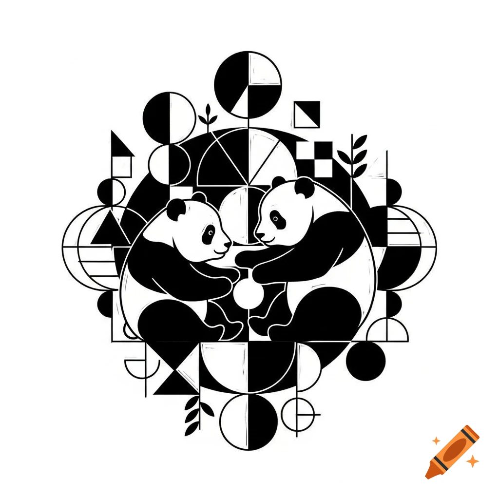 Black and white Bauhaus-style linocut illustration featuring two panda bears surrounded by geometric shapes.