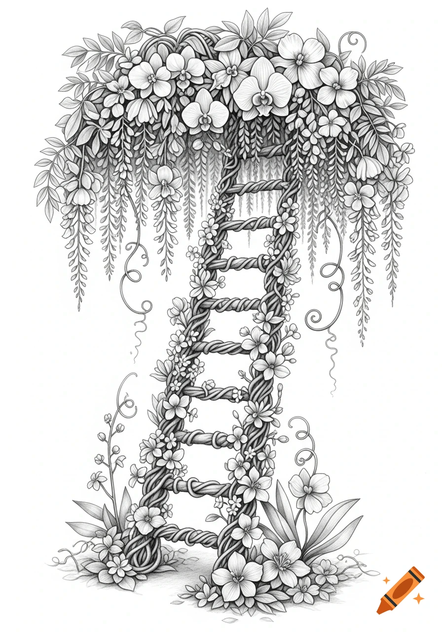 A black and white pencil drawing of a ladder made of intertwined vines and covered in lush flowers and leaves.