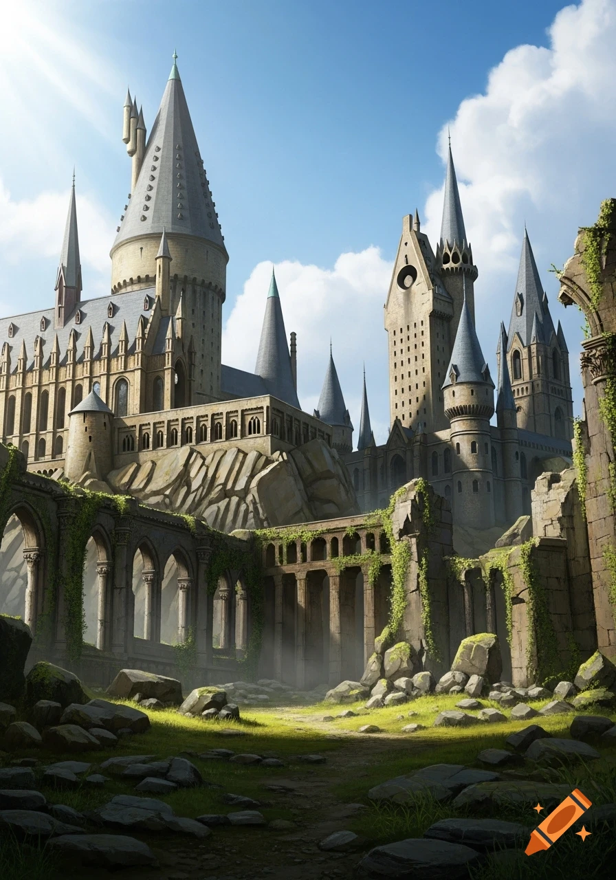 Photorealistic ruined Hogwarts Castle with ivy-covered walls, majestic towers, crumbling arches, and a grassy foreground under a bright sky.