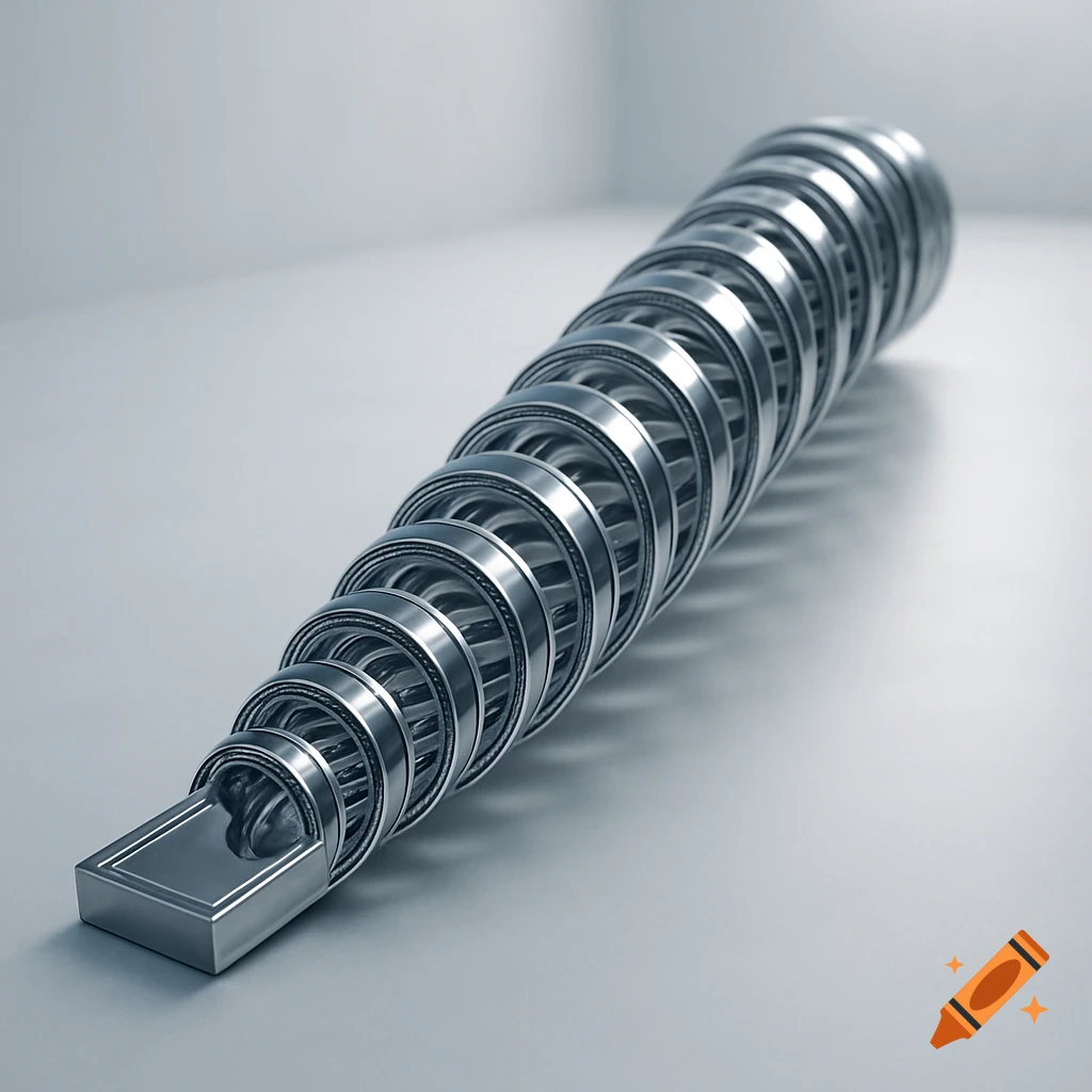 A photorealistic 3D render of a metallic runway-shaped helical waveguide on a gray surface.