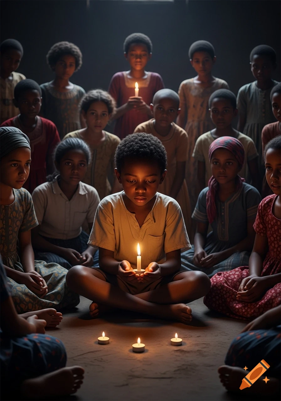 African children gather in a dark room, a central boy holding a lit candle that illuminates his face, surrounded by other children and small candles.