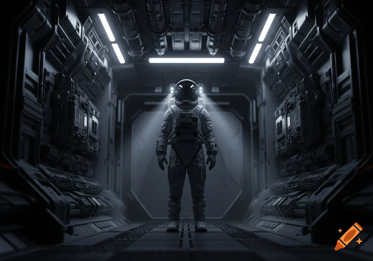 A lone astronaut in a futuristic, dimly lit space station corridor in a monochrome, photorealistic style.