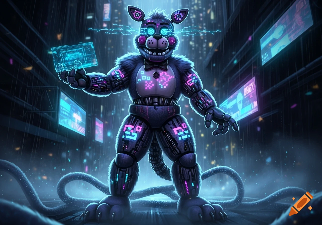 A glowing cyberpunk animatronic cat mascot with digital patterns and glowing eyes stands in a rainy city street.