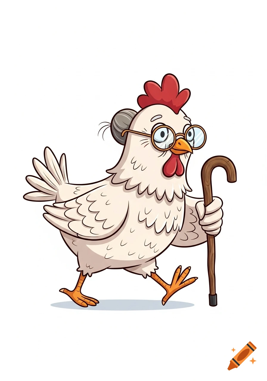 A cartoon old chicken wearing glasses and a bun, walking with a cane on a white background.