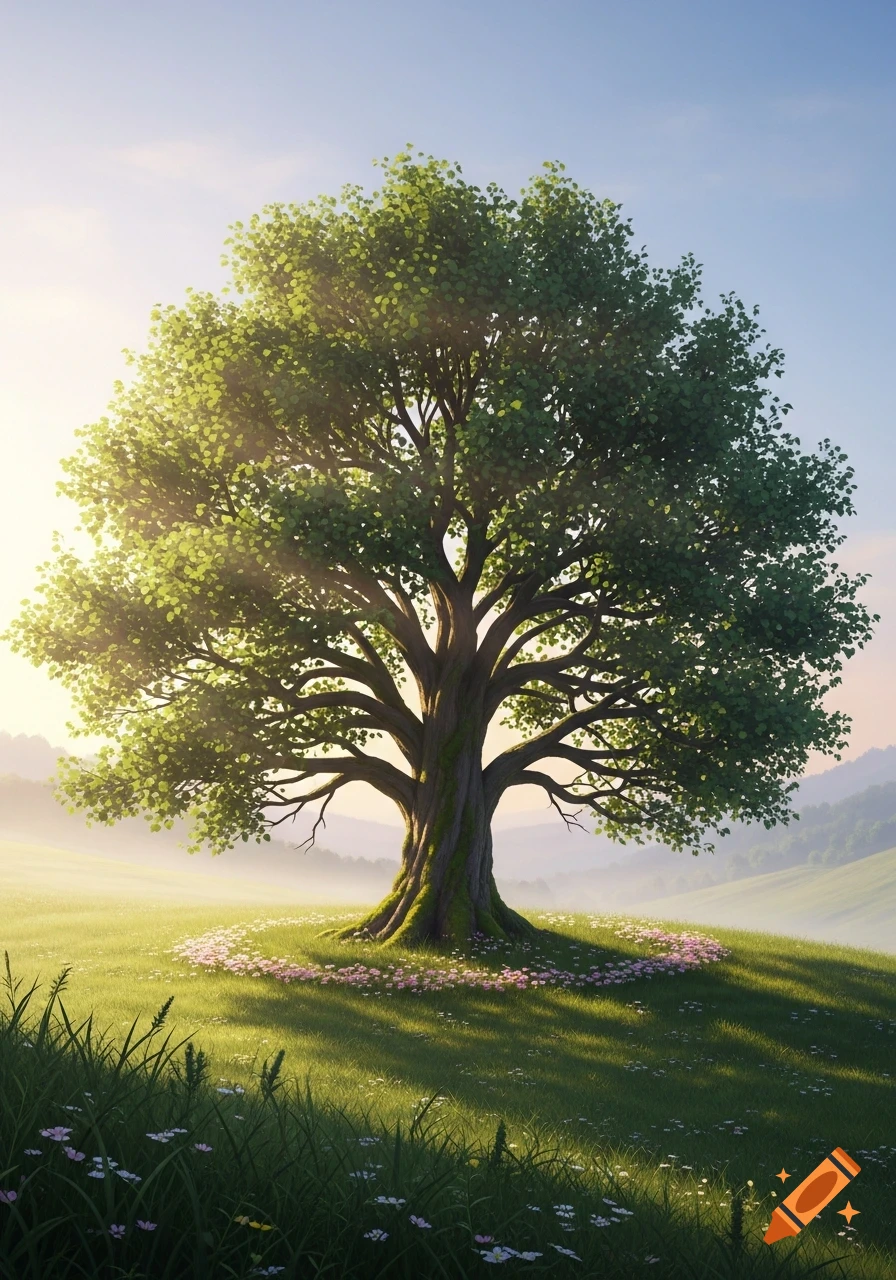 A vibrant green tree stands prominently in a sunny, misty meadow with pink wildflowers and rolling hills.