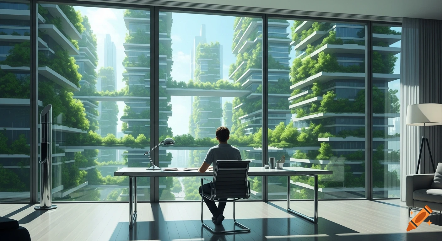 A person sits at a modern desk in an apartment, looking out at a futuristic eco-city with buildings covered in lush greenery.