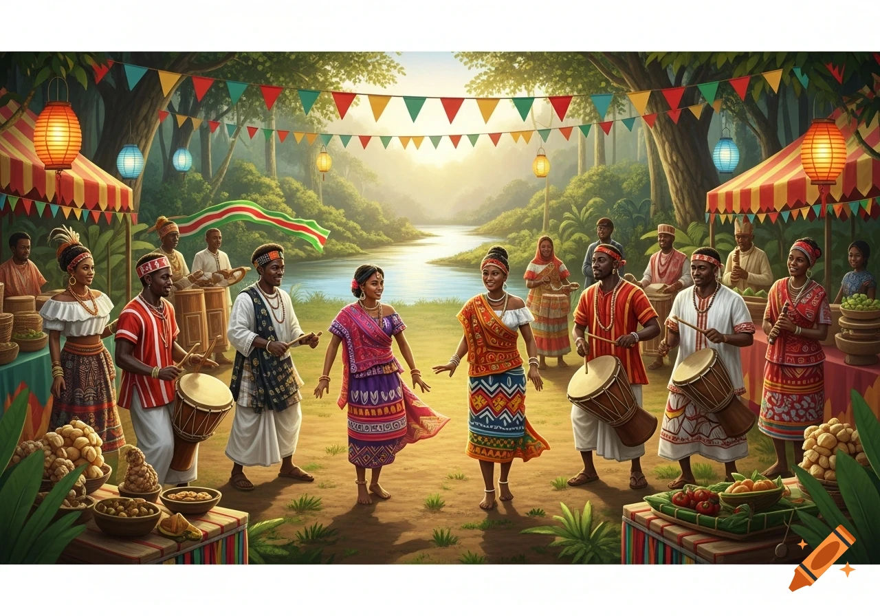 Vibrant illustration of people in traditional attire celebrating outdoors with drums and dancing, surrounded by festive lanterns and banners by a river.