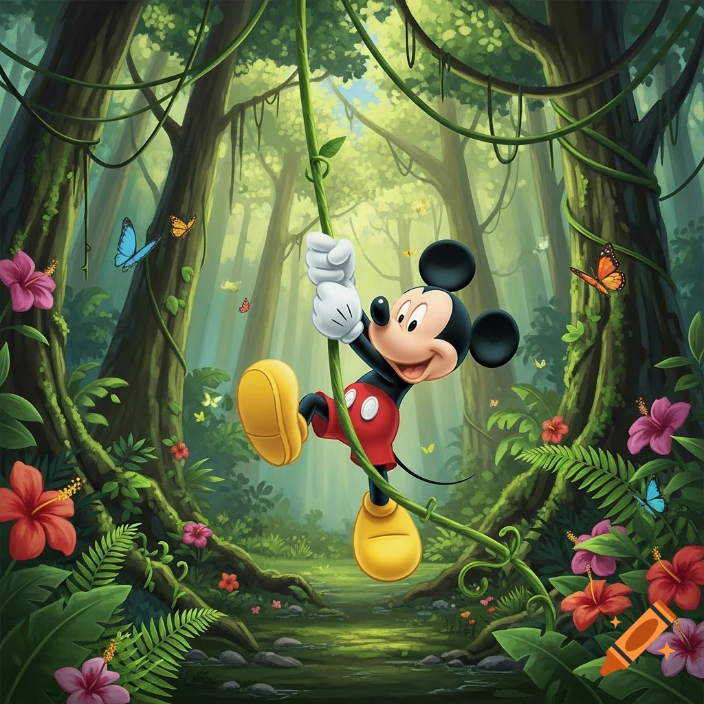 Mickey Mouse, smiling, swings on a green vine in a lush jungle with vibrant flowers and colorful butterflies.