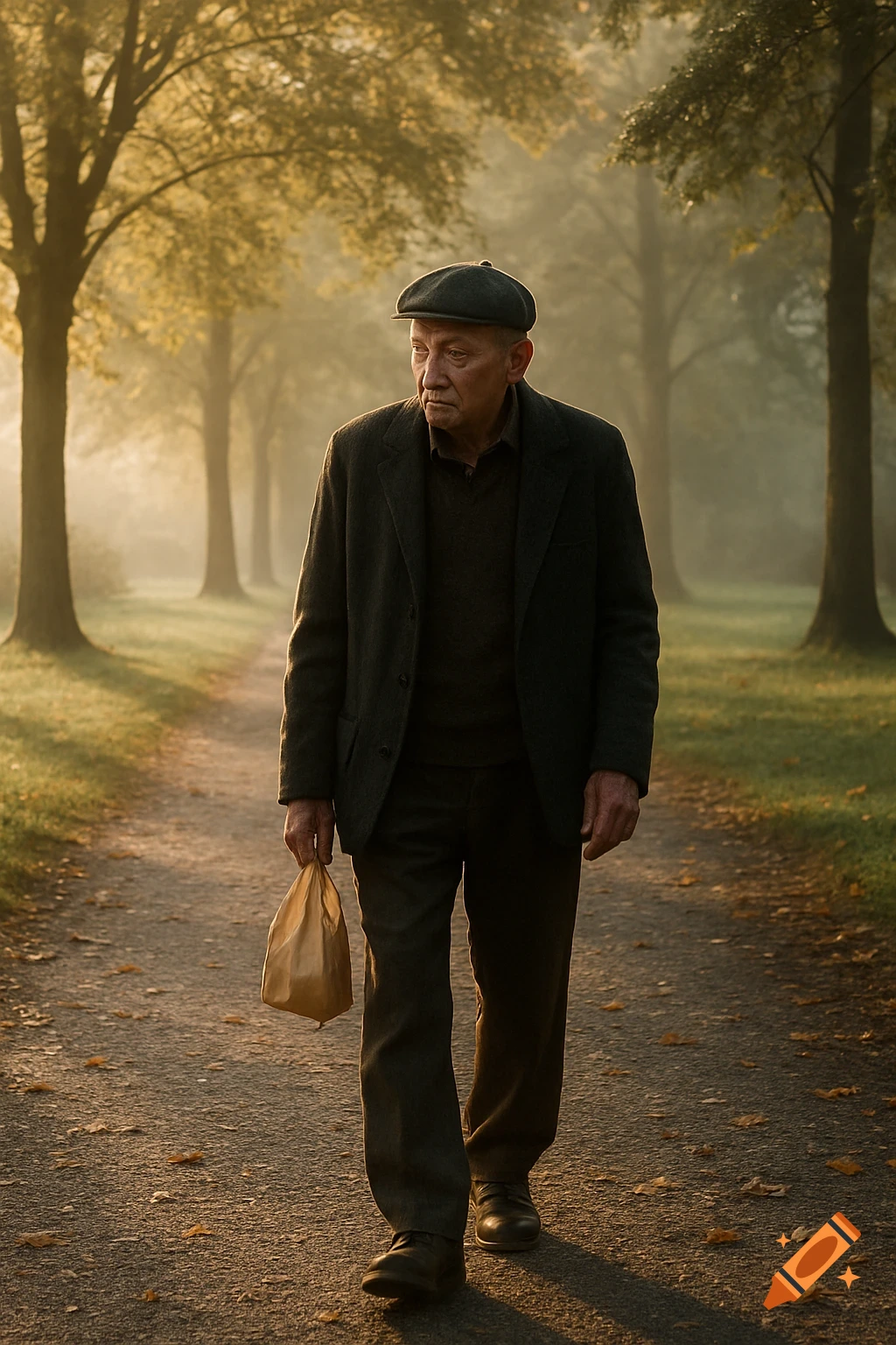 Photorealistic elderly man walks on a park path at sunrise, holding a small paper bag, with trees in a foggy background.