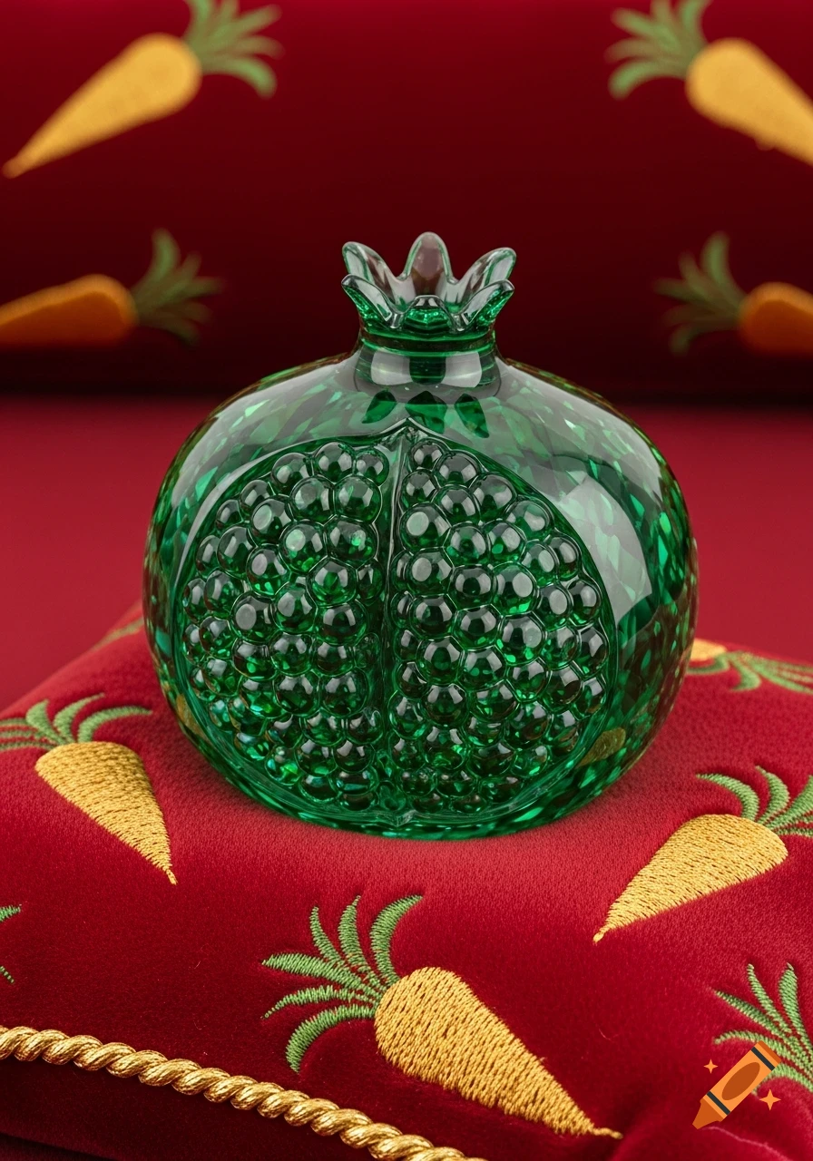 A green faceted crystal pomegranate sits on a red velvet cushion with golden embroidered carrots.