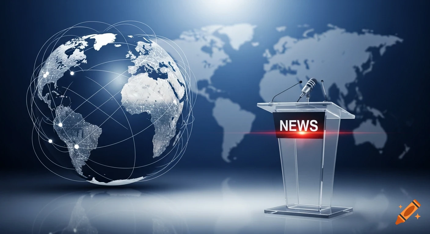 A stylized global network surrounds a glowing blue earth, with a clear podium displaying 'NEWS' and microphones in the foreground.