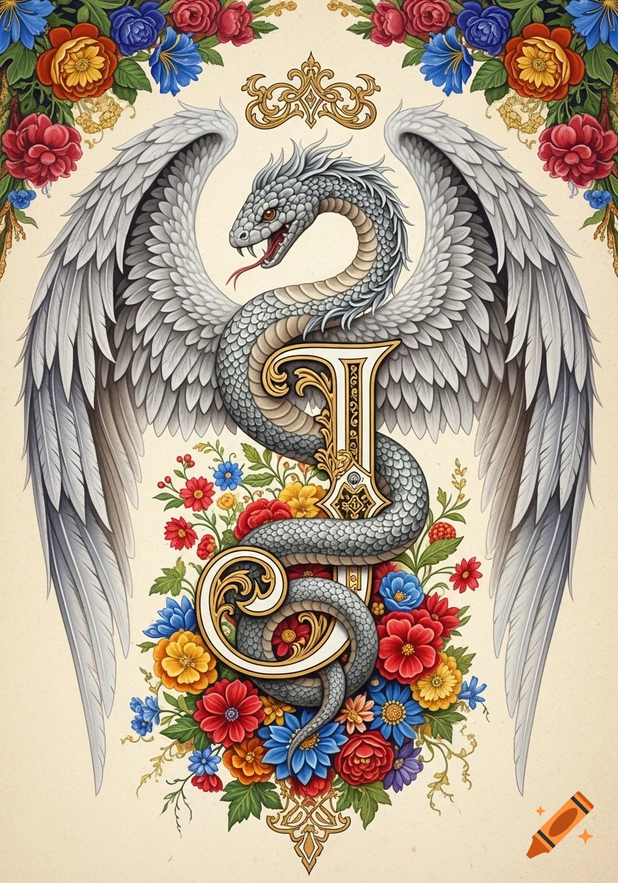 Ornate winged serpent wrapped around an illuminated capital letter J, surrounded by colorful medieval-style flowers.