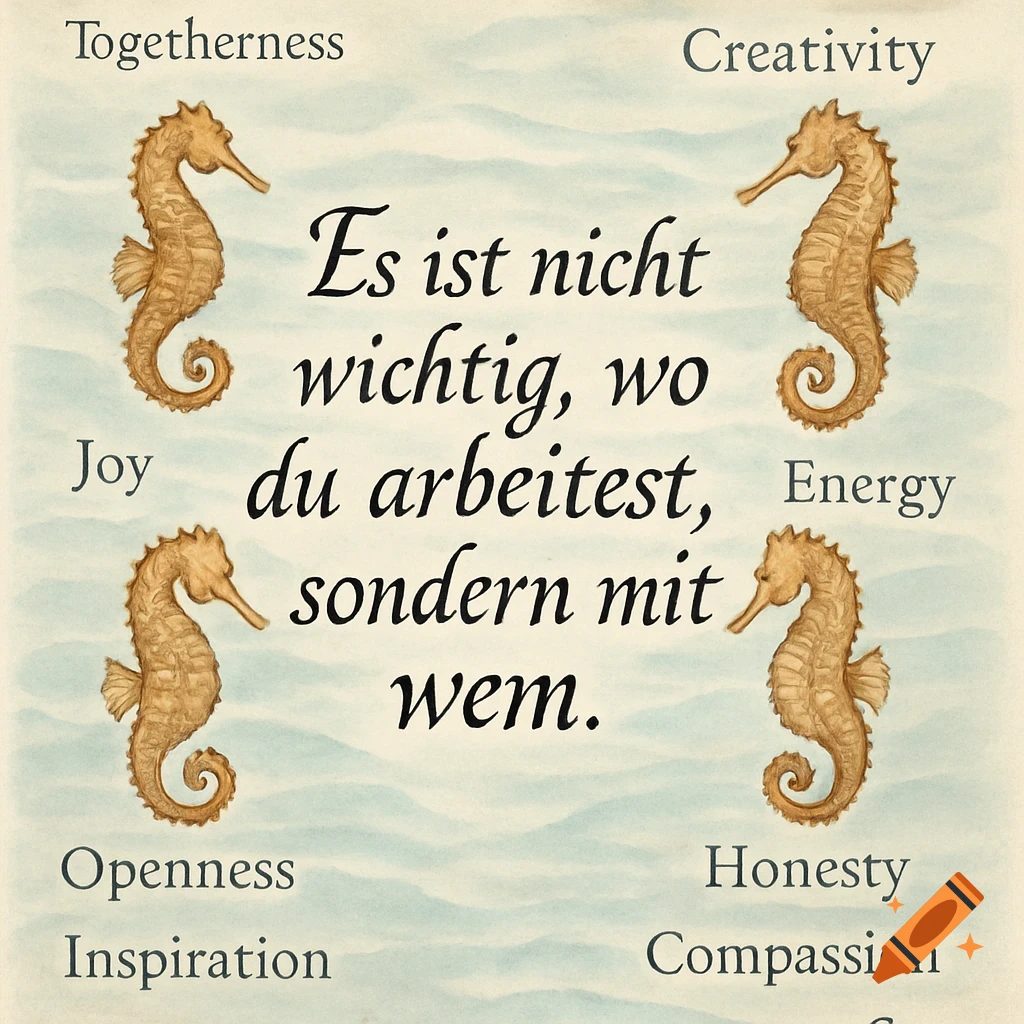 A stylized watercolor illustration featuring a German quote "Es ist nicht wichtig, wo du arbeitest, sondern mit wem." surrounded by four seahorses and English motivational keywords like "Togetherness" and "Creativity", all set against a light blue wavy background.