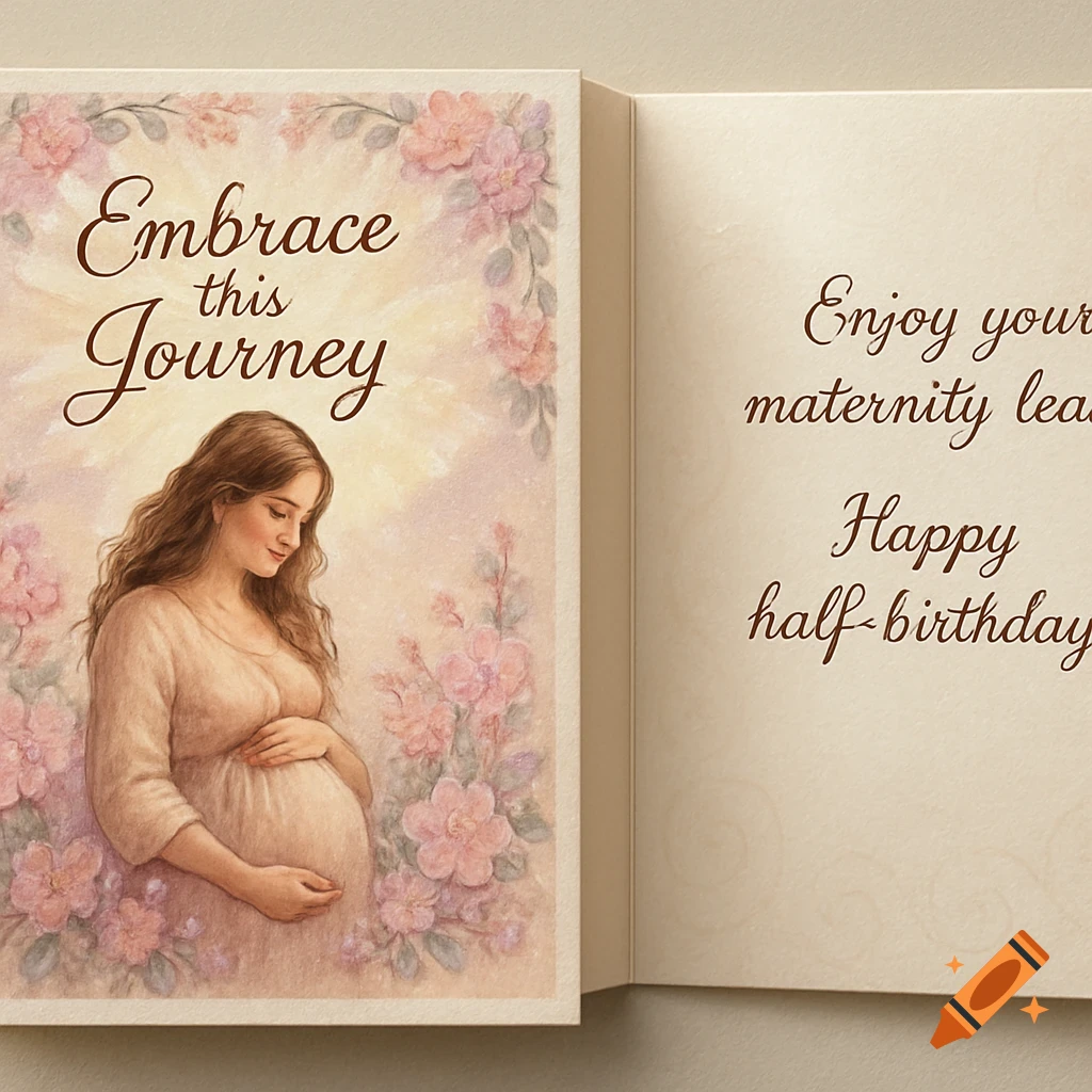 An open greeting card with a painting of a pregnant woman surrounded by pink flowers on the cover, featuring the text 'Embrace this Journey'. Inside, the text reads 'Enjoy your maternity lea Happy half-birthday'.