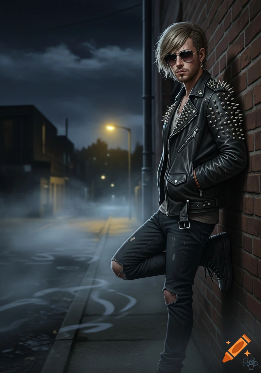 Photorealistic portrait of a young man with blonde hair, sunglasses, spiked leather jacket, and ripped jeans leaning against a brick wall on a misty, dimly lit urban street at night.