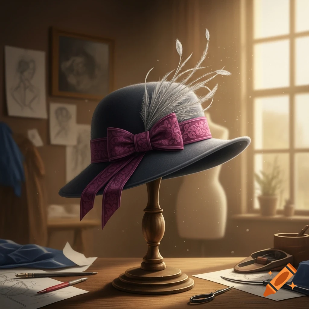 A stylish gray hat with a detailed magenta bow and white feathers, displayed on a wooden stand in a dimly lit workshop.