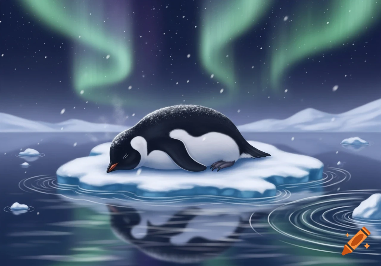 An illustration of a cute penguin sleeping on an ice floe with green ...
