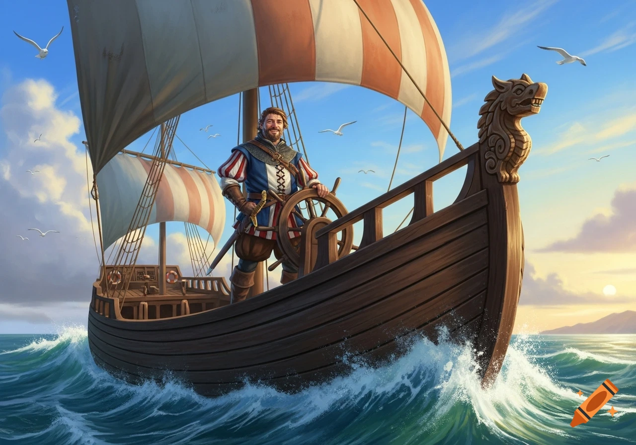 A smiling, bearded man in blue and red historical attire steers a wooden sailing ship with striped sails through a wavy sea at sunset.