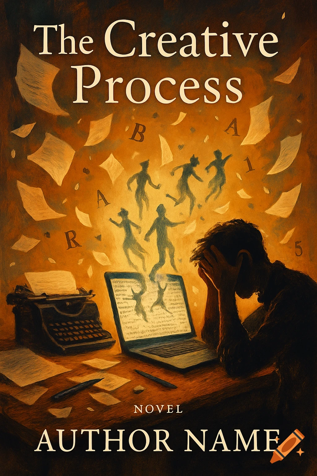Illustrated book cover for 'The Creative Process' with a frustrated writer at a desk, a laptop emitting figures and paper, and a typewriter.