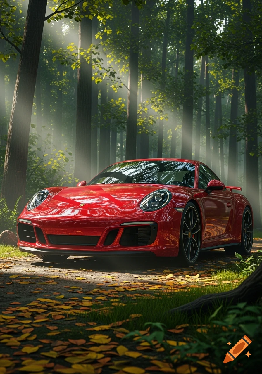 A gleaming red Porsche sports car is parked on a leaf-strewn path in a lush, sun-dappled forest, with tall trees and bright green foliage.