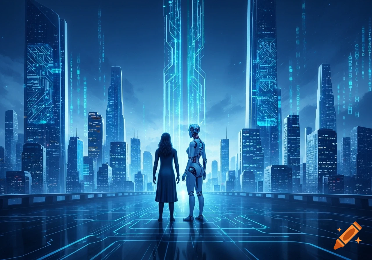 A human and a robot stand on a futuristic city rooftop with glowing blue circuit patterns and digital data streams.
