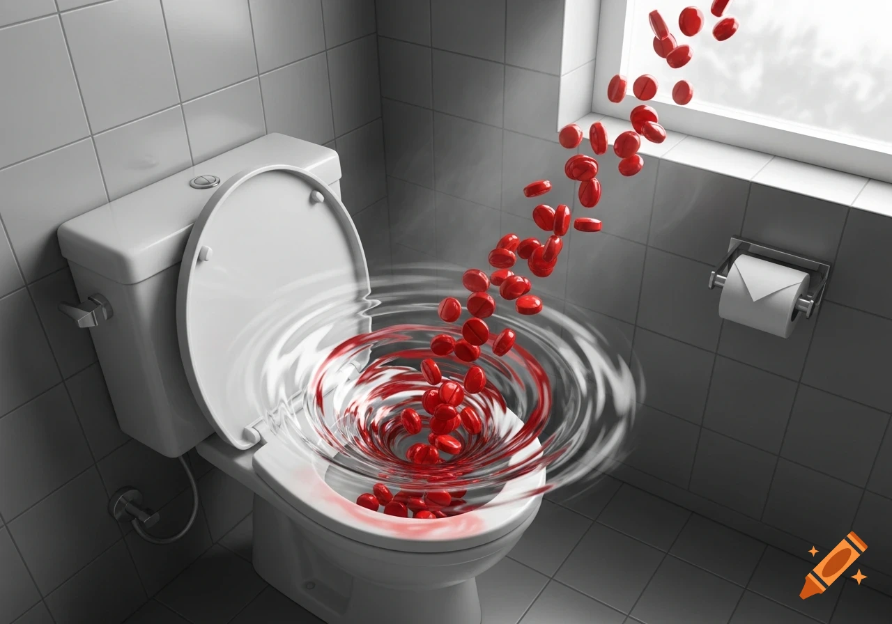 Photorealistic 3D render of numerous red pills flushing down a toilet in a sterile bathroom.