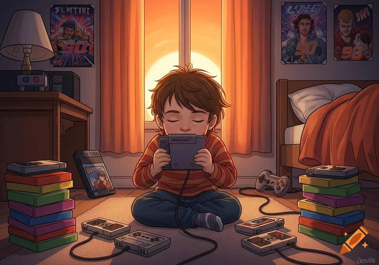 A young child sits on the floor at sunset, holding and blowing into a Nintendo cartridge, surrounded by retro game controllers and stacks of games.