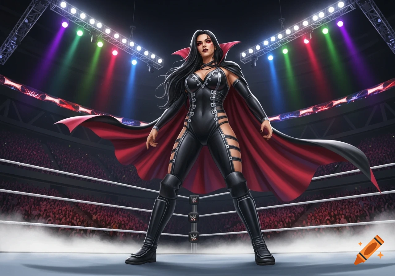A confident vampire-like woman in a black and red outfit stands in a brightly lit wrestling ring.