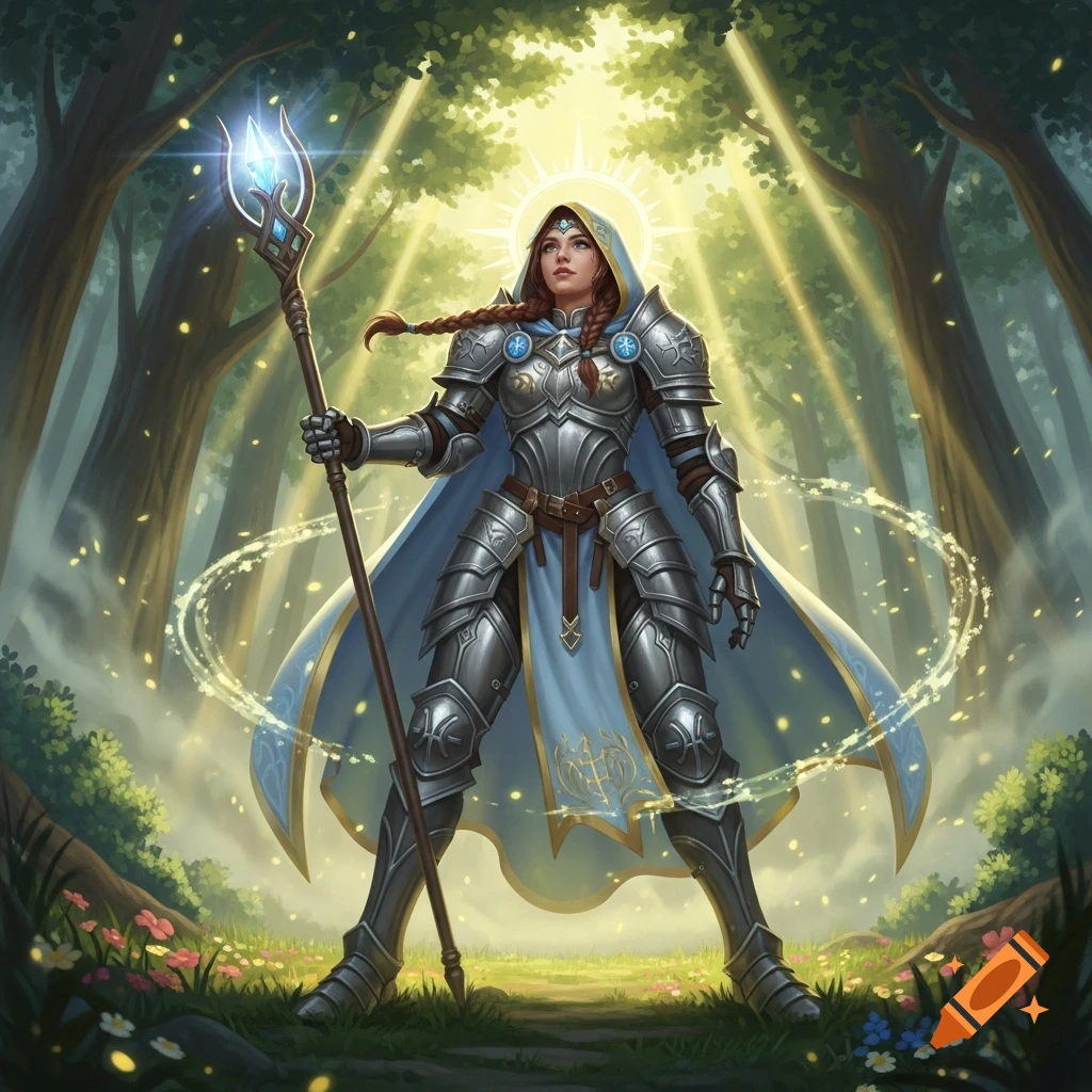 A female D&D cleric in detailed silver armor holds a glowing staff in a mystical, sunlit forest.