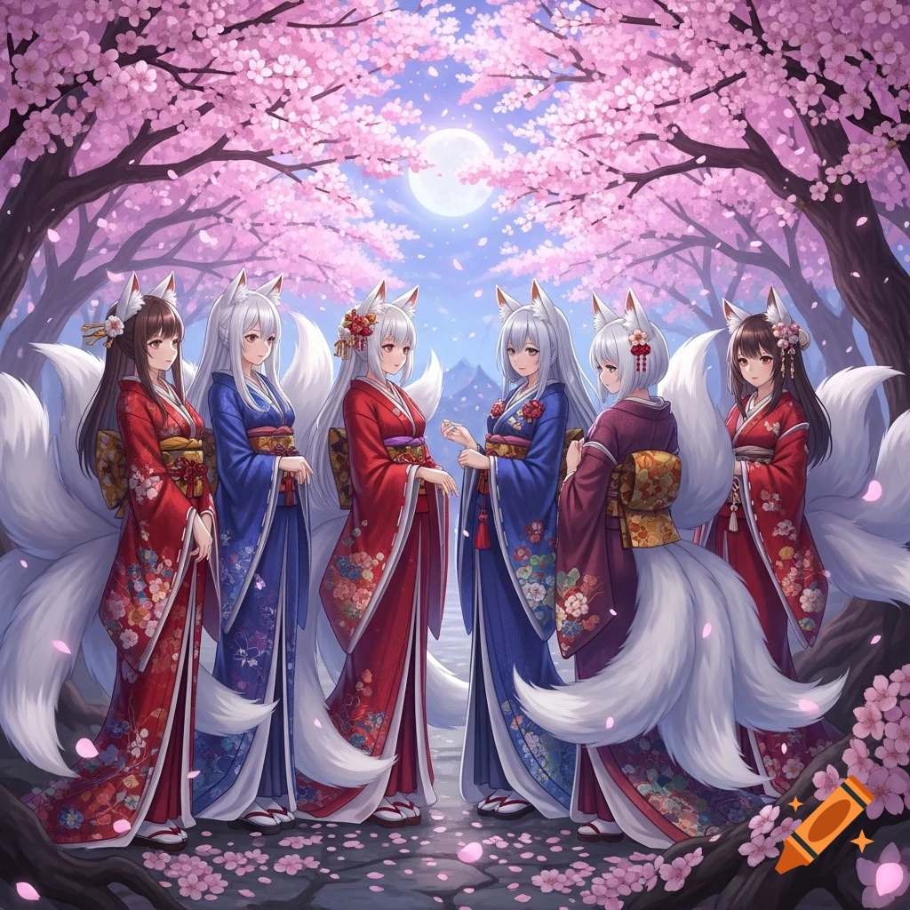 Anime-style kitsune girls in colorful kimonos stand beneath blooming cherry blossom trees at night under a full moon.