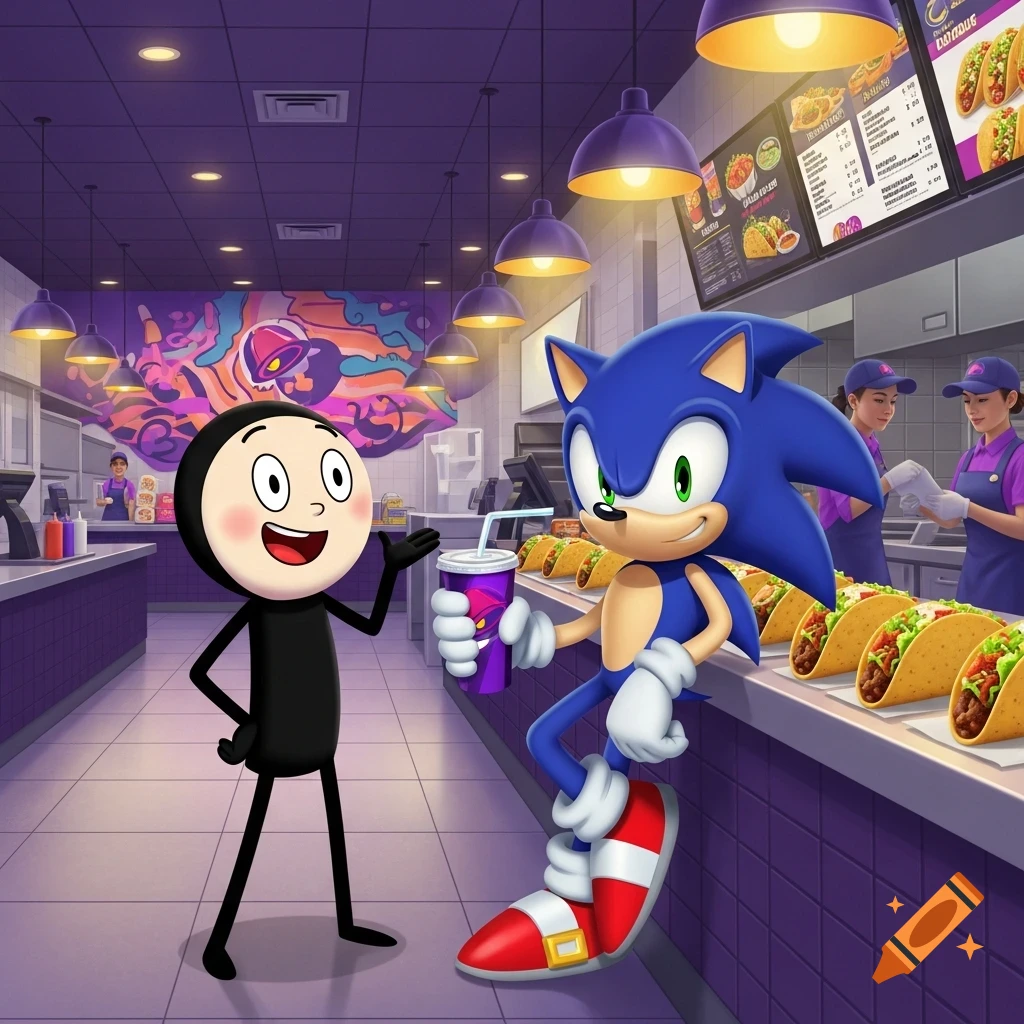 A cartoon character similar to Henry Stickmin stands across from Sonic the Hedgehog at a Taco Bell counter, where Sonic holds a drink and tacos are lined up.