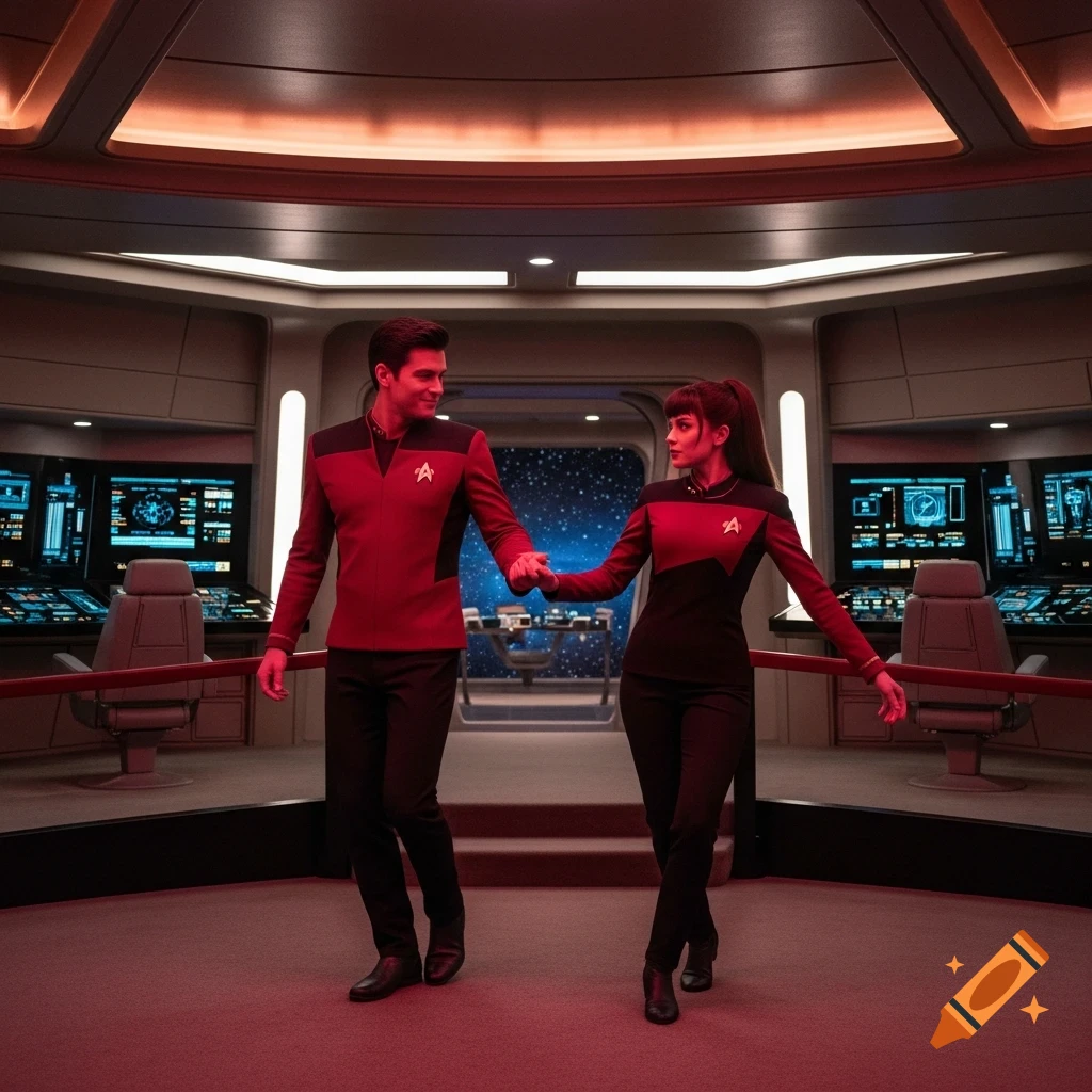 A human male and Vulcan female Starfleet lieutenants in red uniforms hold hands and dance on the bridge of a starship, with screens and a view of space in the background.