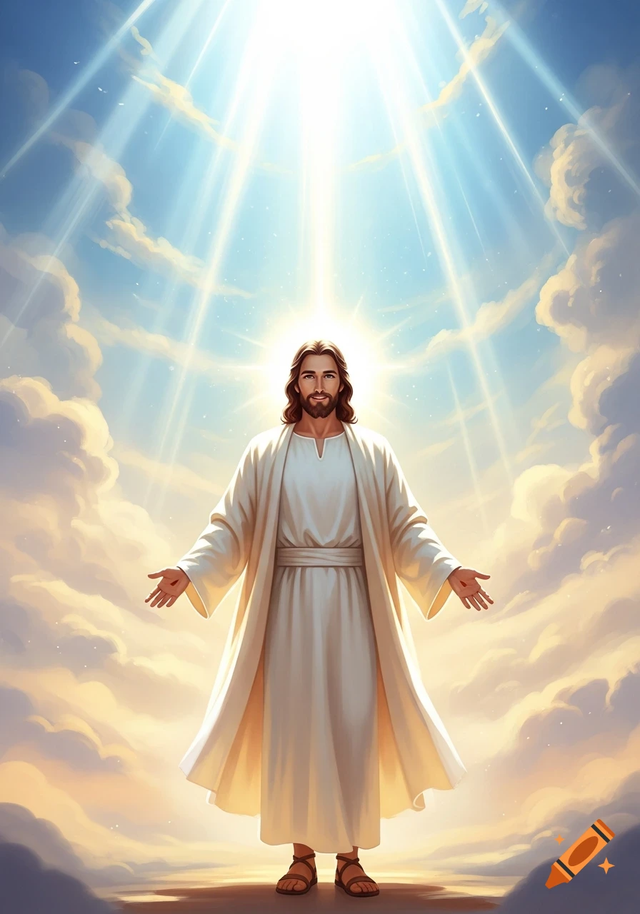 Jesus stands with open arms, bathed in radiant light amidst white and golden clouds in a bright blue sky, in a stylized illustration.