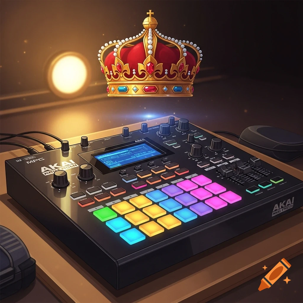 A 2D rendering of a black Akai MPC music production controller with colorful pads, topped by a golden crown, under a warm light.