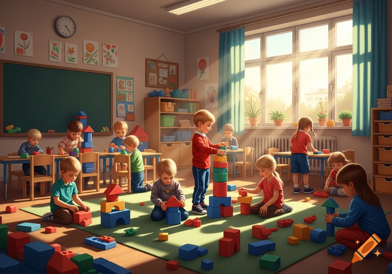 Children play with colorful building blocks on a green rug in a bright, sunlit classroom.