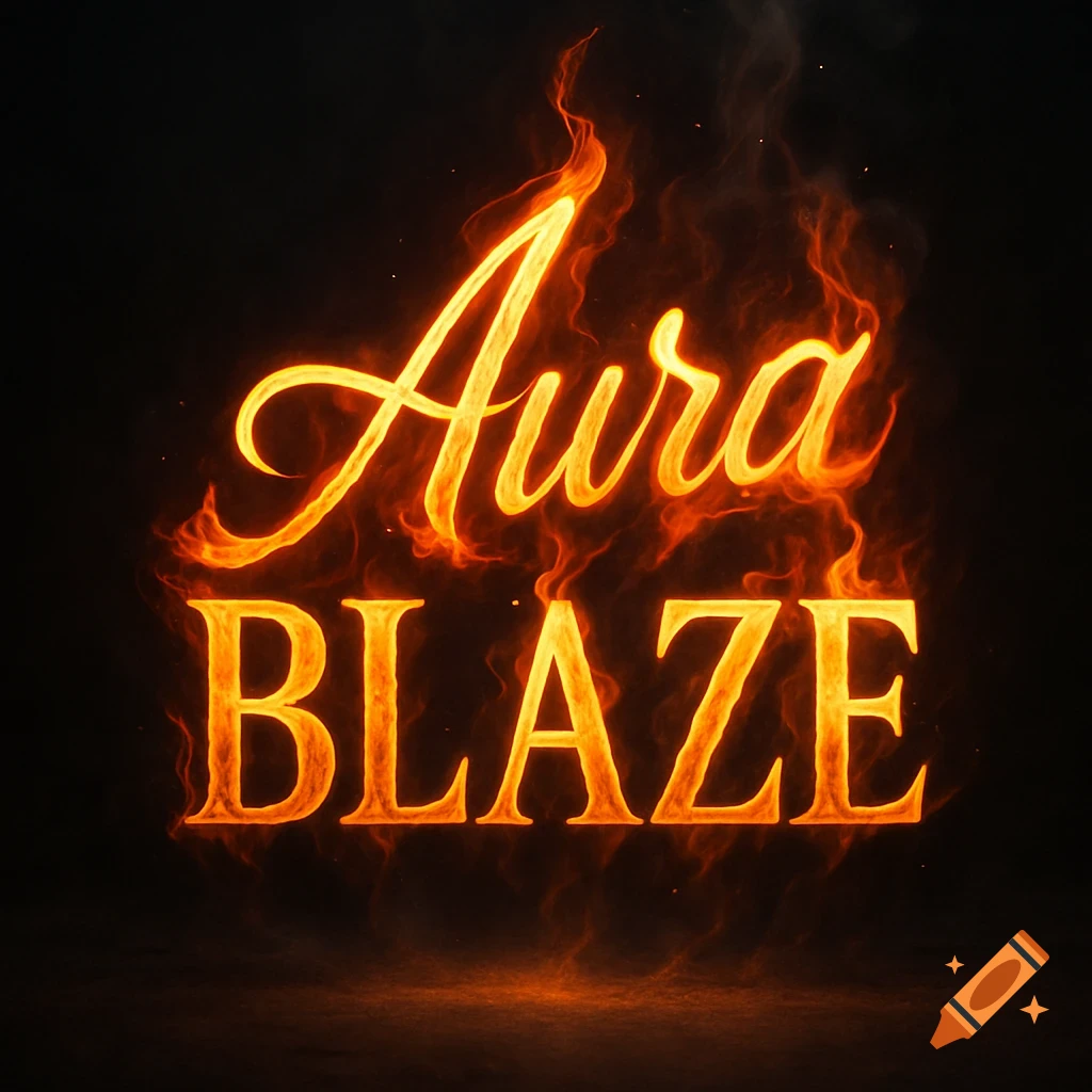 Stylized text 'Aura' in script above 'BLAZE' in bold serif font, both glowing with realistic orange, red, and yellow flames on a dark, smoky background.