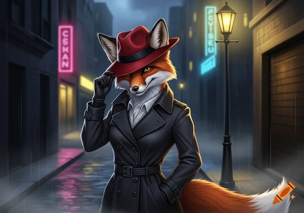 An anthropomorphic red fox wearing a red fedora and black trench coat stands on a rainy city street with neon signs at night in a film noir style.