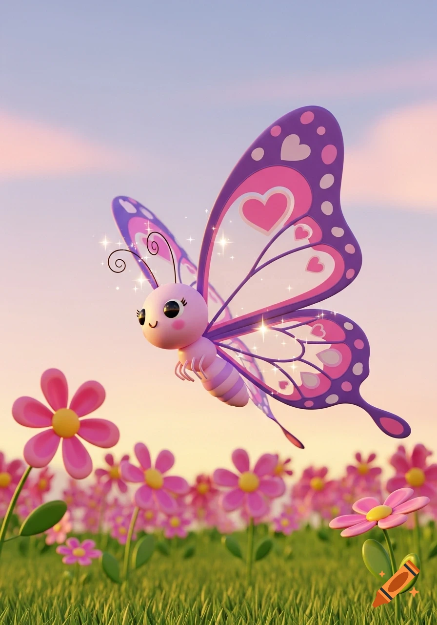 A cute pink and purple 3D cartoon butterfly with heart patterns on its wings flies over a field of pink flowers at sunset.