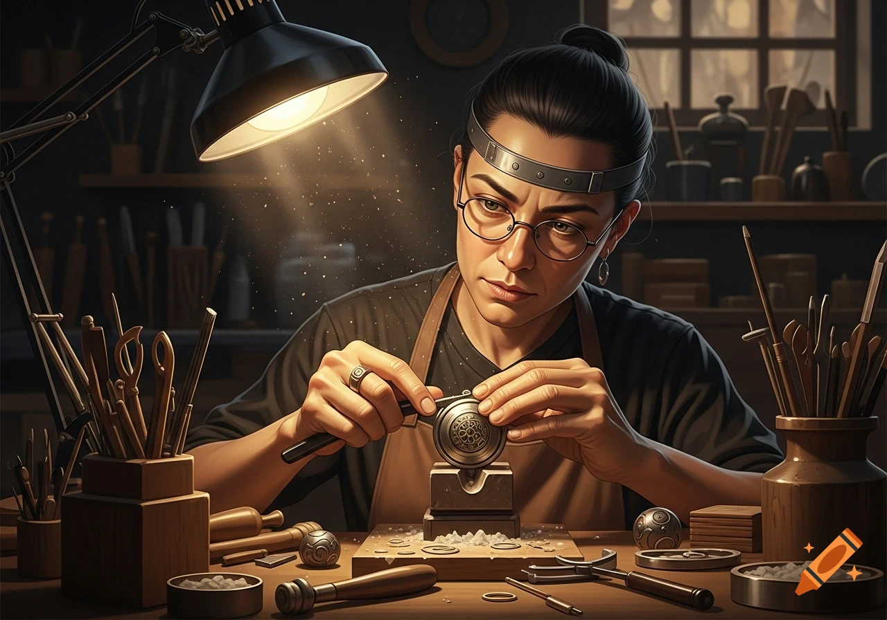 A focused artisan with glasses and an apron meticulously works on an ornate metallic object under a bright desk lamp in a workshop.