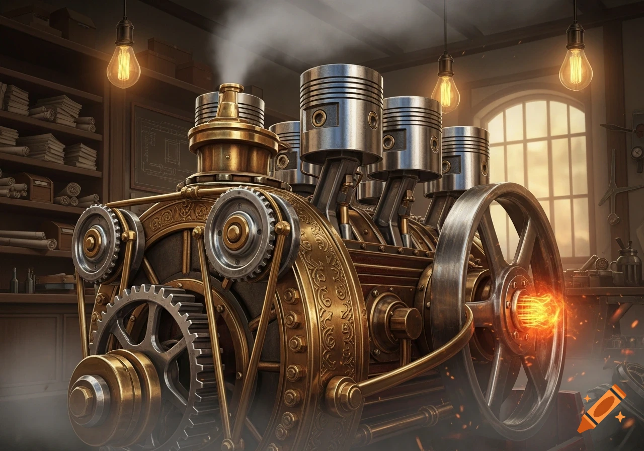 An intricate steampunk engine with multiple pistons, gears, and a large flywheel emitting orange sparks in a dimly lit workshop.