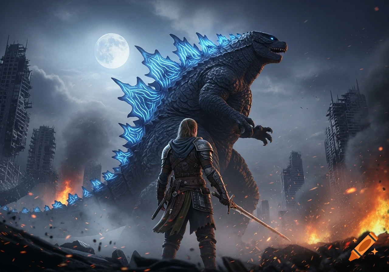 An armored warrior with a sword faces Godzilla in a burning, ruined city under a full moon, depicted in a dark, epic style.