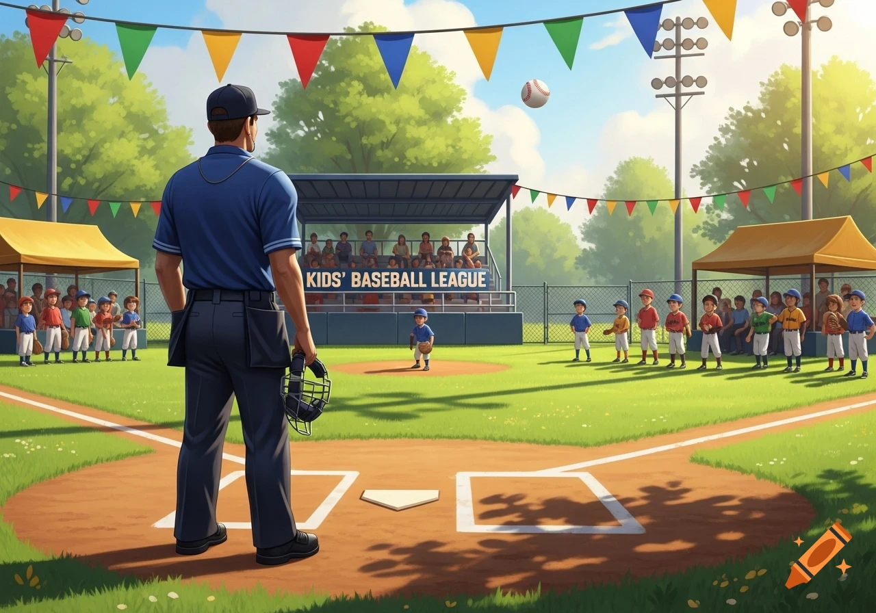 Cartoon illustration of an umpire on a baseball field overlooking a kids' baseball league game on a sunny day.