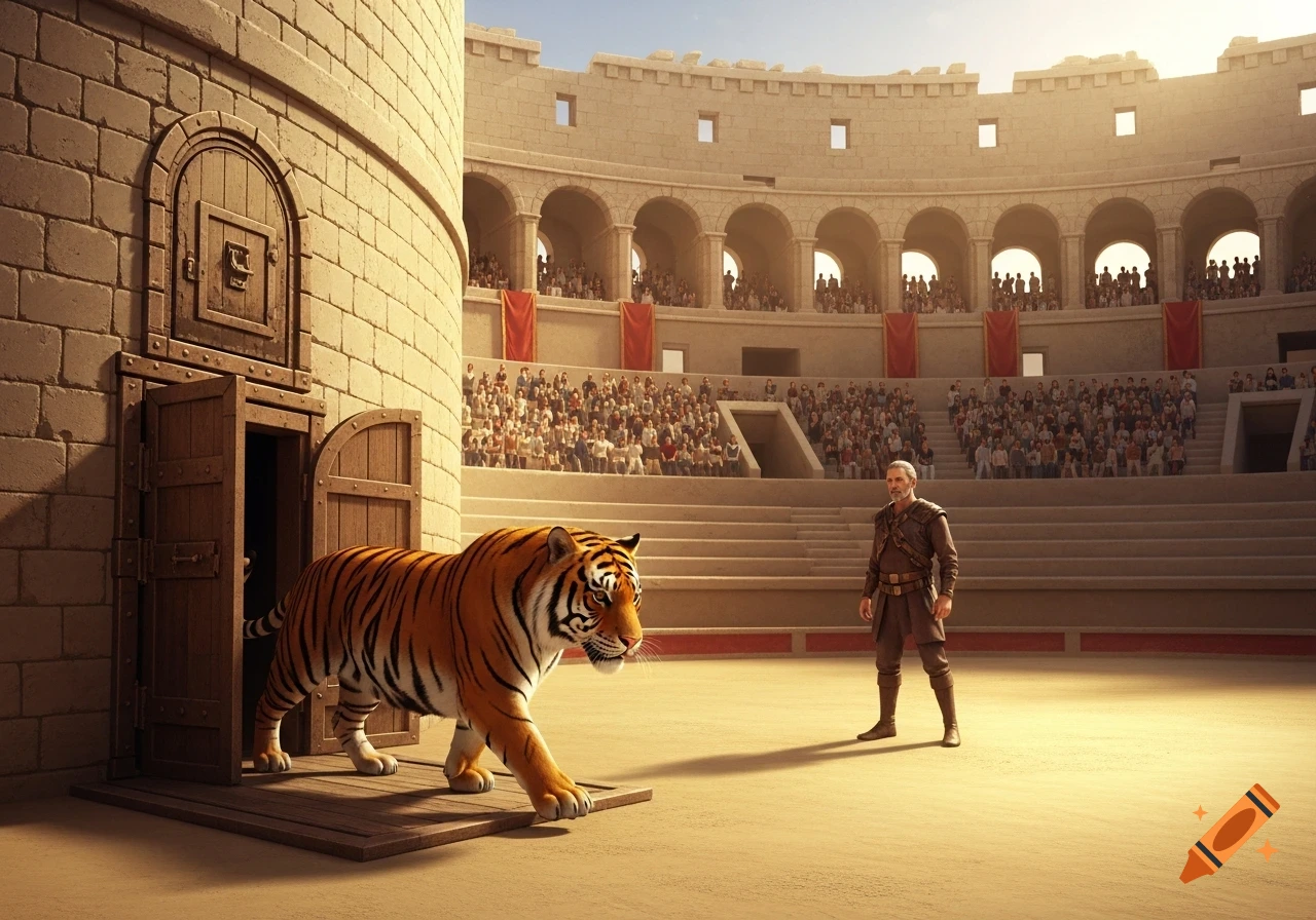 A man stands in a vast ancient colosseum arena as a tiger emerges from an open door.