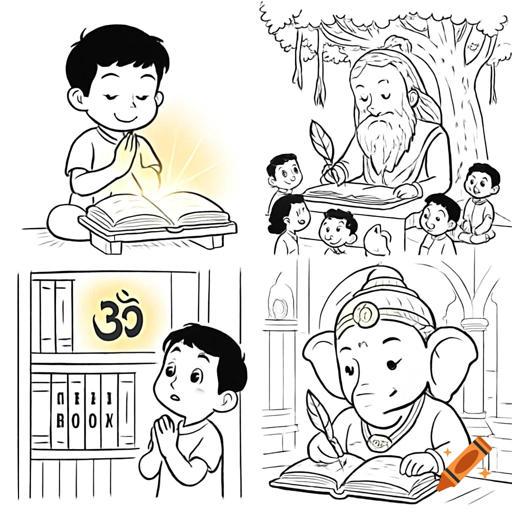 Four cartoon panels: a boy praying to a glowing book; a sage teaching children; a boy looking at a bookshelf with an Om symbol; and Lord Ganesha writing.