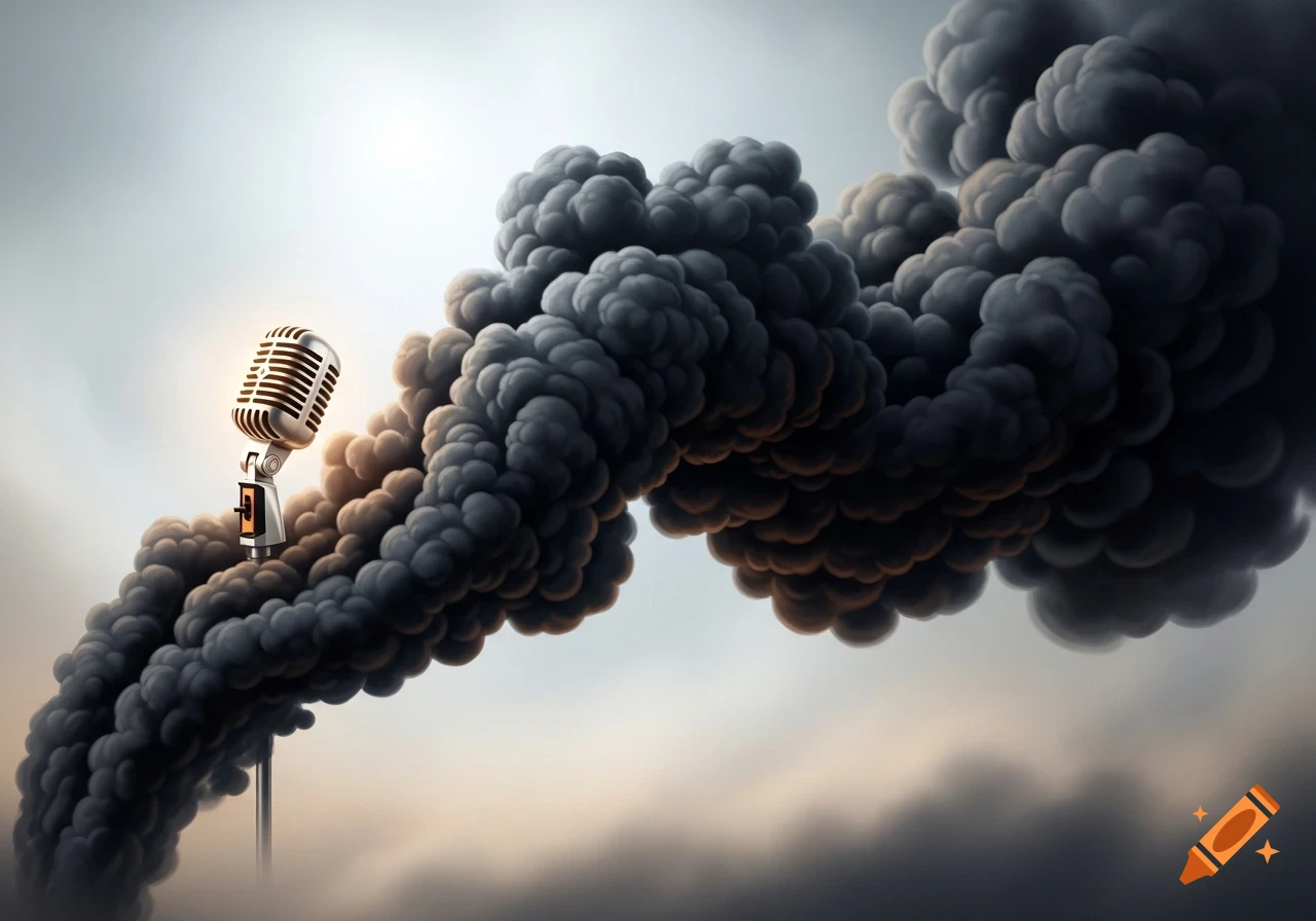 A vintage microphone with a golden grill emerges from dark, voluminous plumes of smoke against a light, hazy sky.