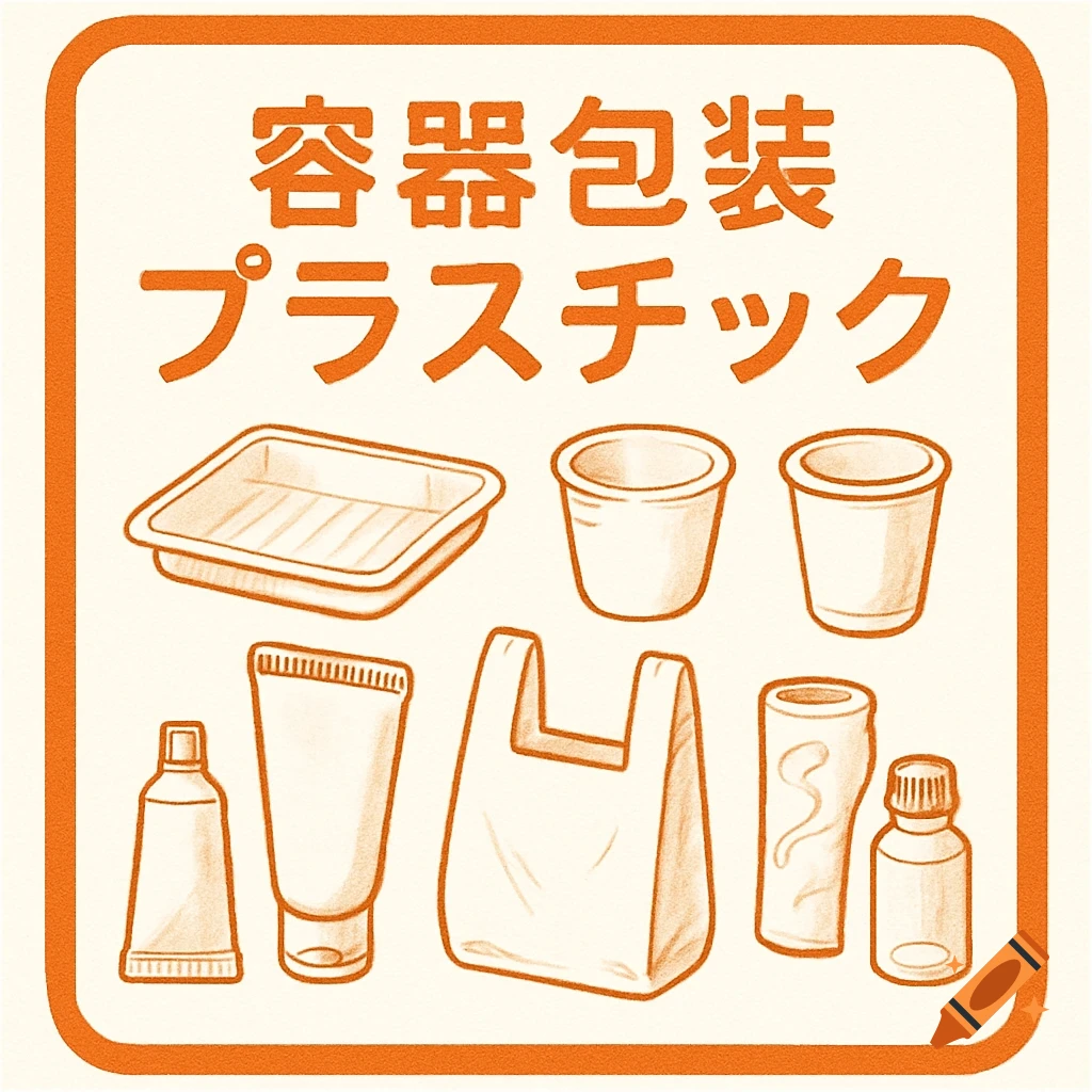 Japanese recycling label illustration for plastic containers, showing a tray, cups, tubes, a plastic bag, and bottles with Japanese text.