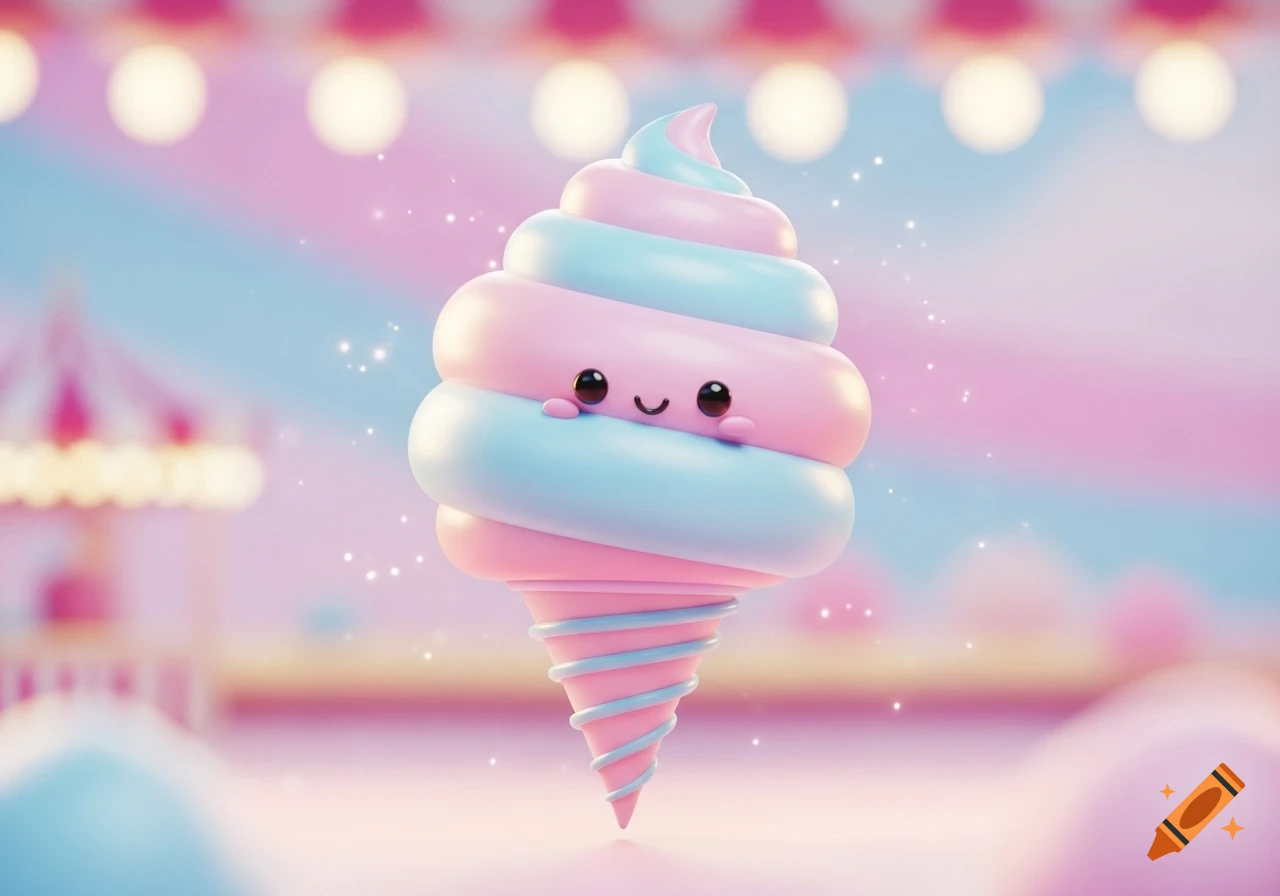 A cute 3D rendered pink and blue cotton candy swirl with a smiling face, set against a pastel carnival background.